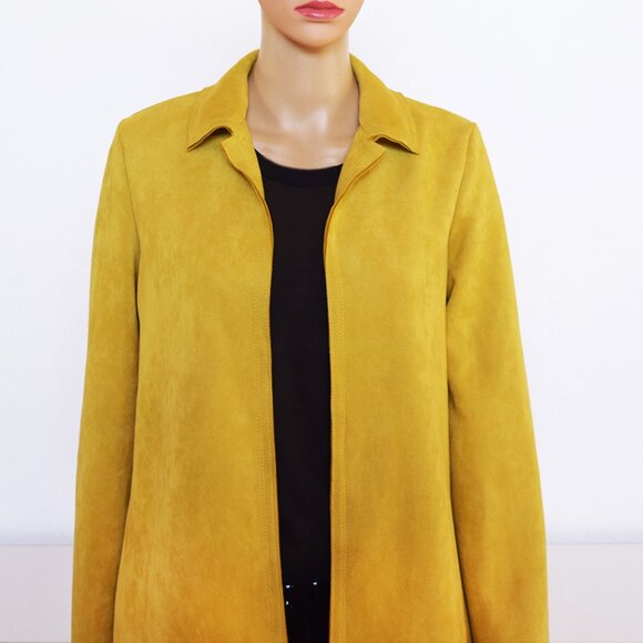 Philosophy Faux Suede Leather Mustard Open Front Coat with Pockets - Picture 5 of 14